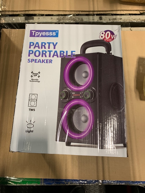 Photo 1 of *** NO USB CABLE / DAMAGE TO THE BOX *** TPyesss Bluetooth Speakers, 80W(Peak) Wireless TWS Portable Bluetooth Speaker, Beat-Driven Lights, 100dB Loud Stereo Speaker with BassUp, Speakers with Subwoofer for Outdoor, Party, Camping