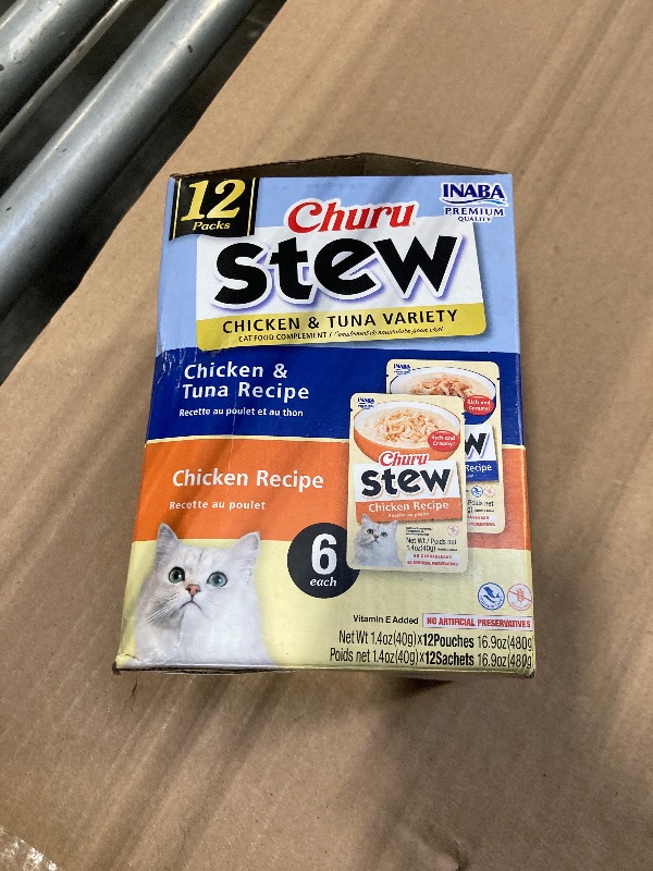Photo 1 of **** bb 6/15/2027 *** INABA Churu Stew for Cats, Side Dish Pouch with Vitamin E, 1.4 Ounces per Pouch, 12 Pouches, Chicken & Tuna Variety