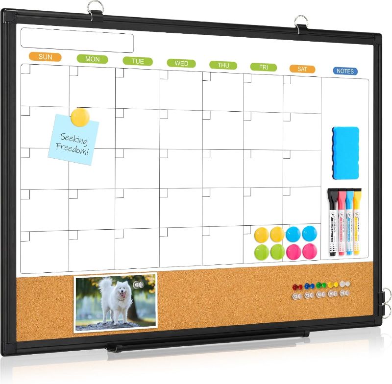 Photo 1 of ** NO HARDWARE**
Dry Erase Calendar Whiteboard for Wall, WALGLASS 24" x 18" Double-Sided Monthly Calendar White Board Cork Combo, Black Aluminum Frame Hanging Wall Mounted Bulletin Corkboards for Home, Office, School