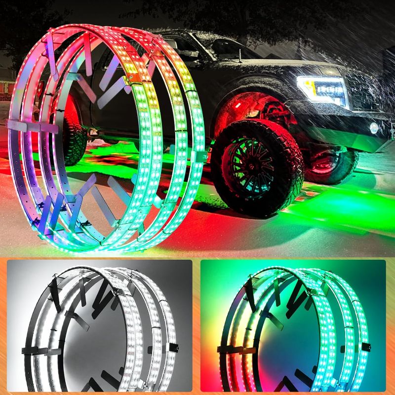 Photo 1 of Adjustable 14-18inch 2-Rows Adjustable Wheel Ring Lights, RGBW Wheel Lights for Truck, LED Chases Dancing Color Rim Lights Fit for All Truck Pickup Car SUV Off-Road 4 Wheels Vehicle