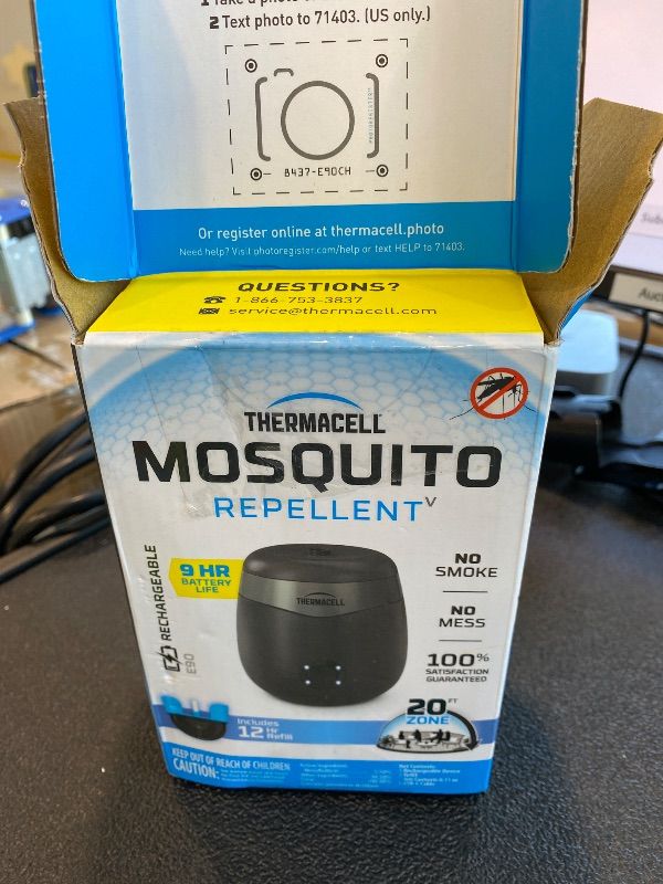 Photo 1 of **MINOR DAMAGE - USED**
Thermacell Mosquito Repeller E-Series Rechargeable with 20' Mosquito Protection Zone; Up to 9-Hr Battery Life; Includes 12-Hr Refill; Flame or Scent; DEET-Free Bug Spray Alternative