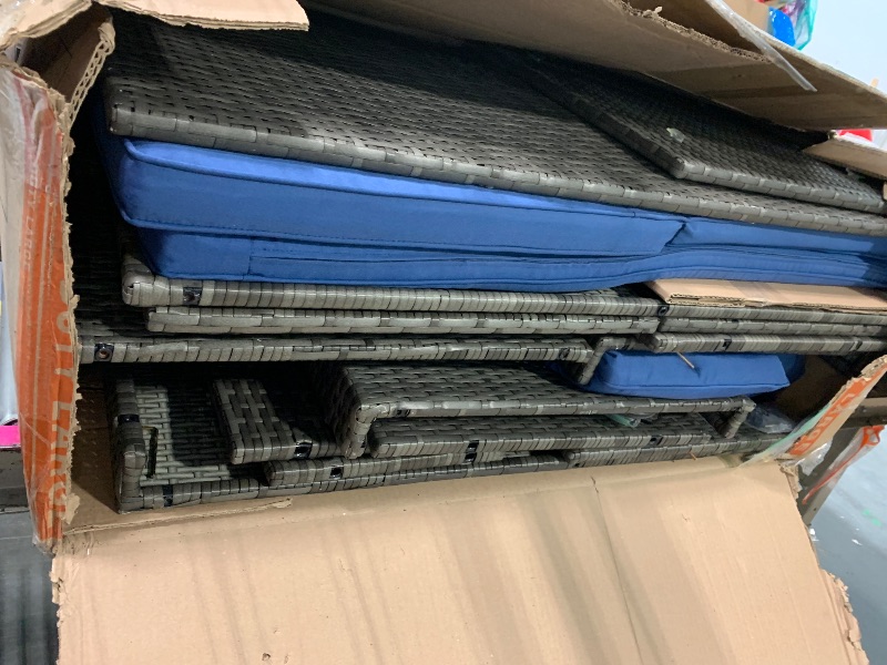 Photo 1 of ** VERY USED/ UNTESTED/ MISSING PARTS **** Shintenchi Outdoor Patio Furniture Sets, Small Outdoor Sofa Patio Sectional Sets 3-Piece All Weather Wicker Rattan Patio Seating Sofas with Glass Coffee Table and Cushion (Blue)