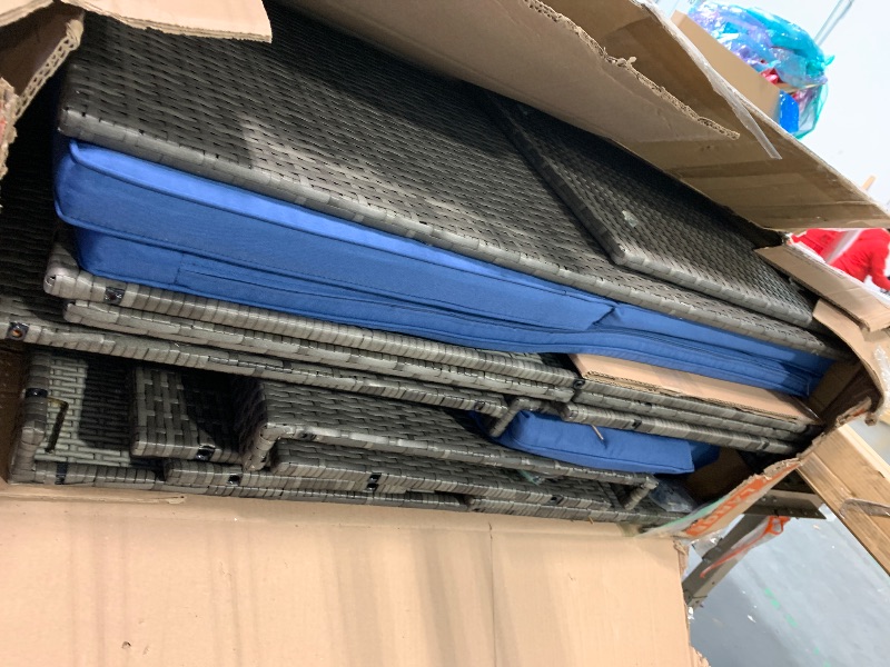 Photo 1 of ** VERY USED/ UNTESTED/ MISSING PARTS **** Shintenchi Outdoor Patio Furniture Sets, Small Outdoor Sofa Patio Sectional Sets 3-Piece All Weather Wicker Rattan Patio Seating Sofas with Glass Coffee Table and Cushion (Blue)