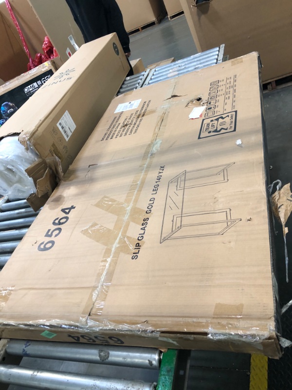 Photo 1 of ** NEW*** FurnitureR Modern Glass Dining Table, 55.1 Inch Elegant Rectangular Multipurpose Table with Sturdy Metal Frame for Dining Room Kitchen, Gold