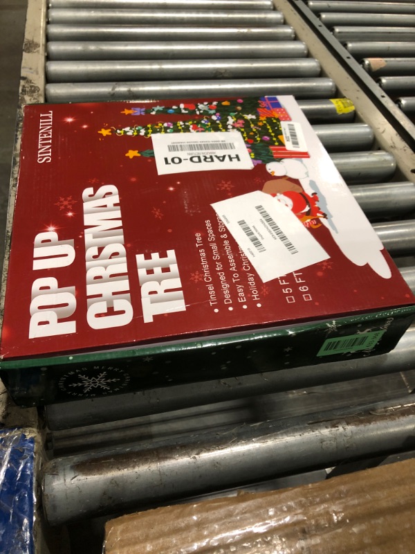 Photo 1 of SINTENILL 6 FT Pop Up Christmas Tree with 100 LED Timer Lights & Remote, Green Collapsible Christmas Tinsel Tree Artificial Pencil Tree Xmas Decoration for Holiday Home Office Party, USB Powered