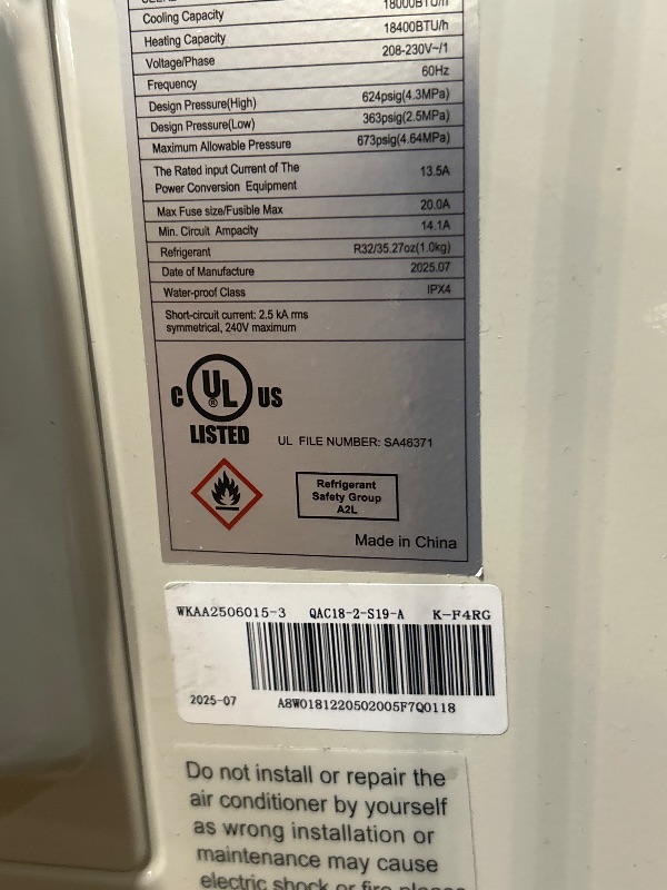 Photo 1 of ****MINI SPLIT NOT SET****
GarveeHome 18000 BTU Mini Split Air Conditioner Heat Pump System, 19 SEER2 208-230V Inverter Ductless Cools Up to 1250 Sq.Ft, Heat Pump Ductless Pre-Charged Inverter System