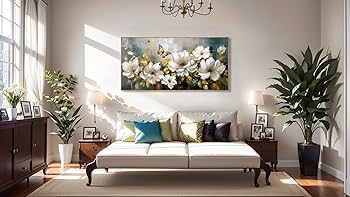 Photo 1 of ** DAMAGE MINOR** Wall Art Modern Flower Artwork Paintings White Blossom Gold Leaf Butterfly Landscape Picture wall Decor for Living Room Bedroom Kitchen 40"x79" with Framed