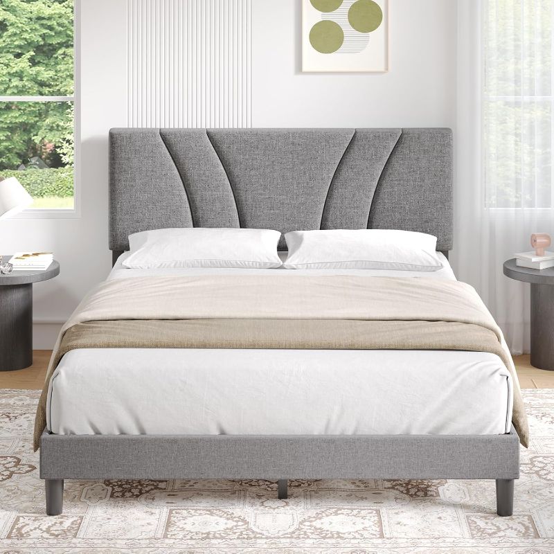 Photo 1 of ** HARDWARE INCLUDED** Novilla King Size Bed Frame with Adjustable Headboard Platform King Bed Frame Linen Fabric Upholstered Headboard
