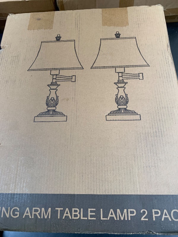 Photo 1 of 23.5" Rustic Traditional 350° Adjustable Swing Arm Table Lamp Set of 2 with USB A+C Ports Brown Finish Faux Leather Shade Vintage Nightstand lamp for Living Room Bedroom Office (Bulb Included)
