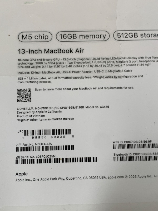 Photo 1 of Apple 2026 MacBook Air 13-inch Laptop with M5 chip: Built for AI, 13.6-inch Liquid Retina Display, 16GB Unified Memory, 512GB SSD, 12MP Center Stage Camera, Touch ID, Wi-Fi 7; Midnight