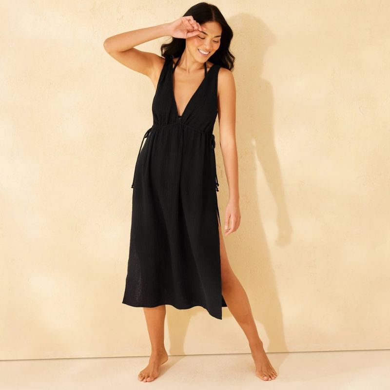 Photo 1 of Size M Women's Gauze Tunnel Waist MIDI Cover up Dress - Shade & Shore™ Black M: Cotton Pullover, Sleeveless, Solid Pattern, Machine Washable