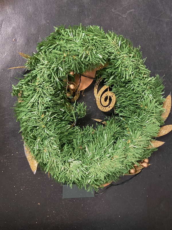 Photo 1 of 18 Inch Christmas Wreaths with LED Lights, Artificial Pre-Lit Christmas Wreath with Gold Flowers and Berries for Front Door
