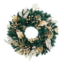 Photo 1 of 18 Inch Christmas Wreaths with LED Lights, Artificial Pre-Lit Christmas Wreath with Gold Flowers and Berries for Front Door
