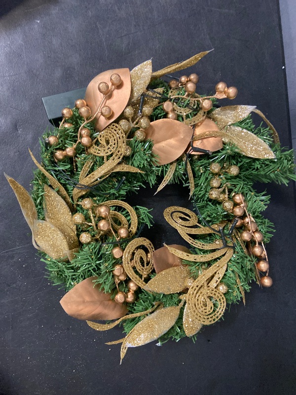 Photo 1 of 18 Inch Christmas Wreaths with LED Lights, Artificial Pre-Lit Christmas Wreath with Gold Flowers and Berries for Front Door
