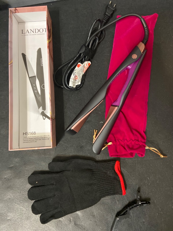 View 2 of LANDOT 2-in-1 Hair Straightener & Curling Iron - Create Salon Waves, Curls & Straight Styles Floating Plates, Anti-Frizz & Tangle-Free | Dual Voltage, Temp 250-450°F for All Hair Types