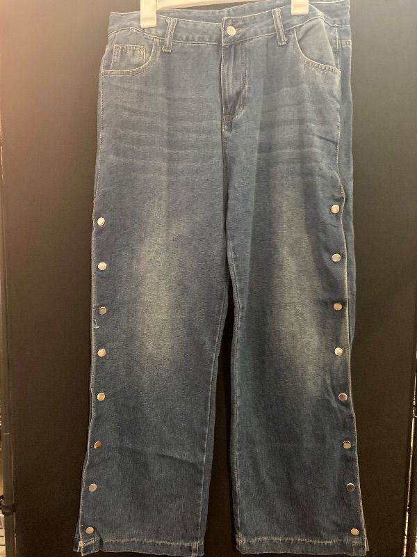 Photo 1 of Size L Road Marking Women Blue Side Button Placket Stretch Straight Jeans