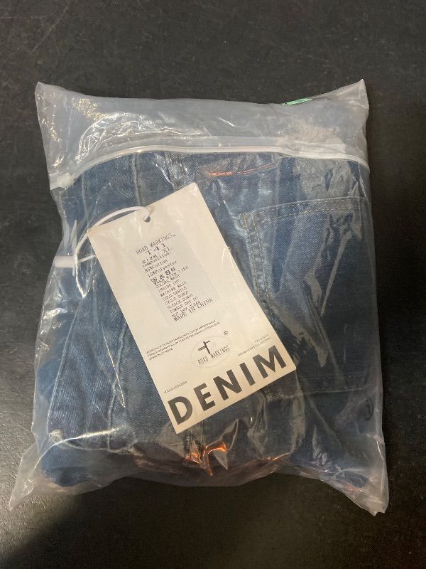 Photo 1 of Size L Road Marking Women Blue Side Button Placket Stretch Straight Jeans