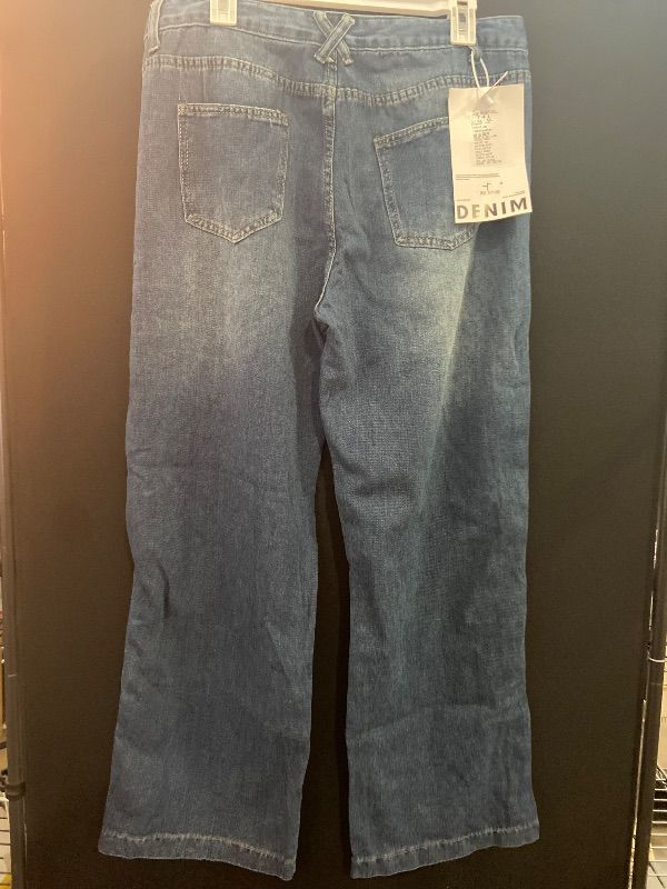 Photo 1 of Size L Road Marking Women Blue Side Button Placket Stretch Straight Jeans