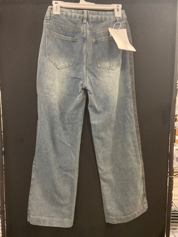 Photo 1 of Size L Road Markings Women's High-Rise Wide Leg Jeans with Side Stripe, Medium Wash Denim, Black Stripe Detail