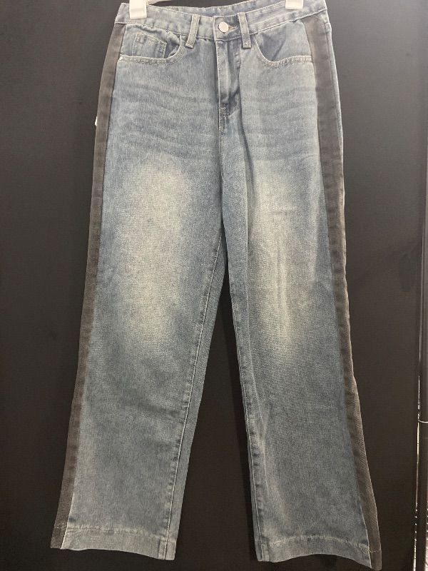 Photo 1 of Size L Road Markings Women's High-Rise Wide Leg Jeans with Side Stripe, Medium Wash Denim, Black Stripe Detail