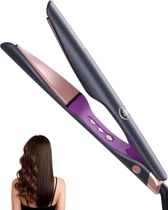 View 1 of LANDOT 2-in-1 Hair Straightener & Curling Iron - Create Salon Waves, Curls & Straight Styles Floating Plates, Anti-Frizz & Tangle-Free | Dual Voltage, Temp 250-450°F for All Hair Types