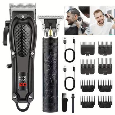 Photo 1 of 2 Pieces Hairdresser Set Cordless Hairdresser Men's Shaving Digital Display Display, Chinese Loong Element Pattern Hairdresser One-Stop Accessories, Men's Family Essential Care Tool Set