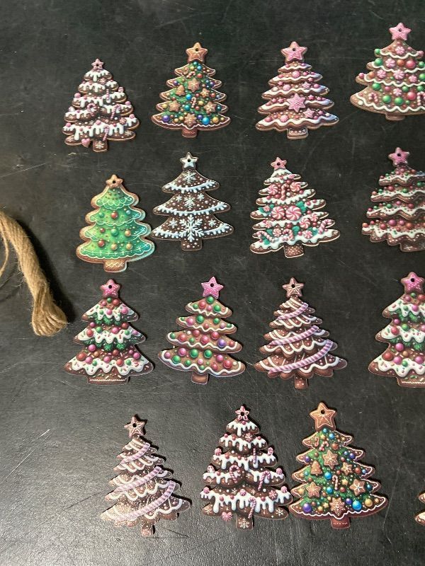 Photo 1 of 24 PCS Christmas Wooden Ornaments - 12 Unique Patterns with Hemp Rope | Xmas Tree, Home & Garden Decor