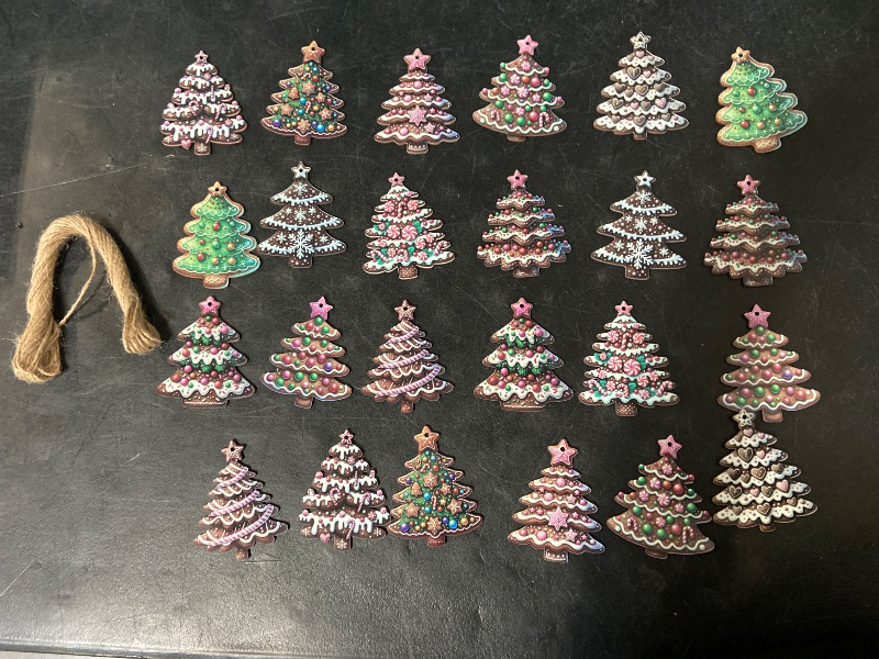 Photo 1 of 24 PCS Christmas Wooden Ornaments - 12 Unique Patterns with Hemp Rope | Xmas Tree, Home & Garden Decor