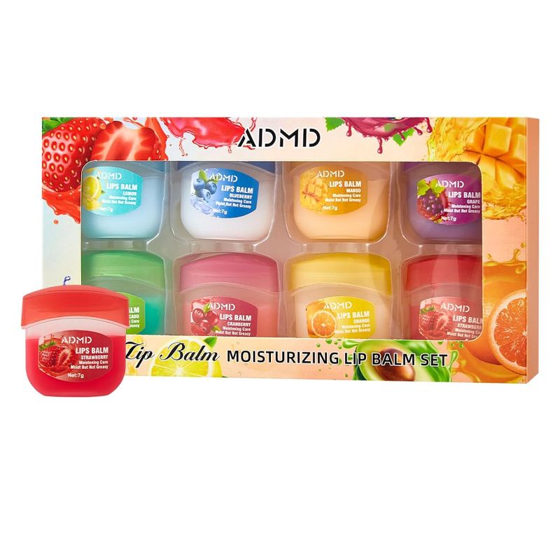 Photo 1 of 8-Pack Fruit Flavor Lip Balm Set, Mini Lip Mask for Daily Moisture & Overnight Care Helps Soothe Dry Lips
