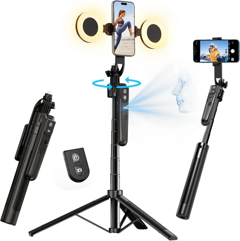 Photo 1 of Extendable Auto Face Tracking Tripod 360° Rotation with Light, No App, 70.9" Motion Sensor Phone Tripod Stand, Face Body Phone Camera Mount Gesture Control for Vlog/Live Stream/Video Recording
