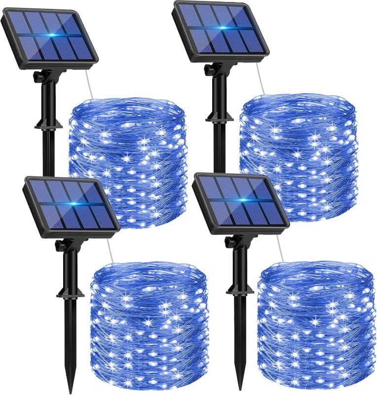 Photo 1 of 4 Pack Solar String Lights for Outside - 320LED 132FT Solar Fairy Lights Outdoor Waterproof 8 Modes, Copper Wire Solar Powered Twinkle Lights for Tree Garden Christmas Wedding Party Decor, Blue
