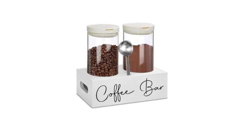 Photo 1 of Coffee and Sugar Container Set of 2 with Shelf for Coffee Storage Container, Air Tight Bean Container with Scoop for Accessory Organizer, Canister for Station Organizer
