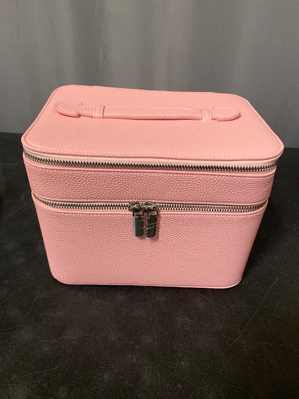 Photo 1 of Vanity Case Travel Makeup Bag Large Makeup Organizer Cosmetic Bag with Dual Compartments and Removable Divider for Toiletries Skincare Make up Brushes, Pink