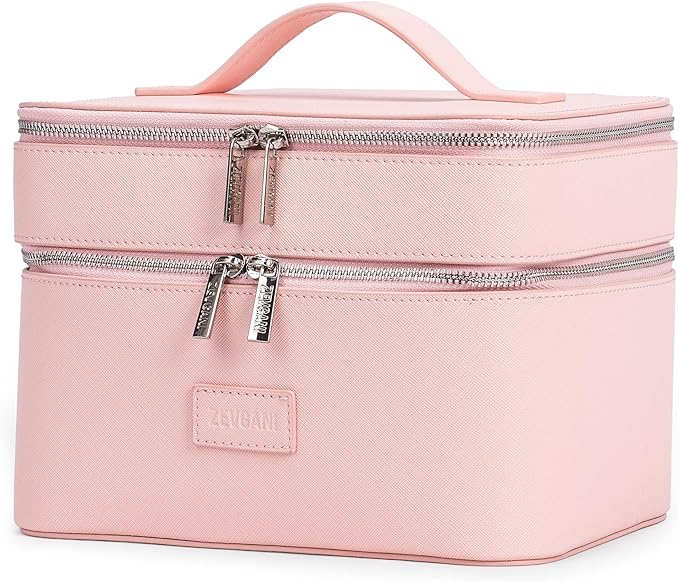 Photo 1 of Vanity Case Travel Makeup Bag Large Makeup Organizer Cosmetic Bag with Dual Compartments and Removable Divider for Toiletries Skincare Make up Brushes, Pink
