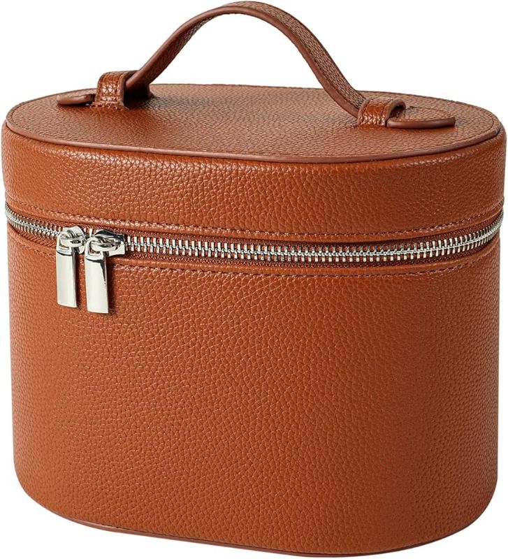 Photo 1 of Makeup Bag Vanity Case with Divider and Handle, Aesthetic Makeup Bags, Waterproof PU Leather Toiletry Bag for Women Girls, Portable Cosmetic Organizer Bag (01Brown)