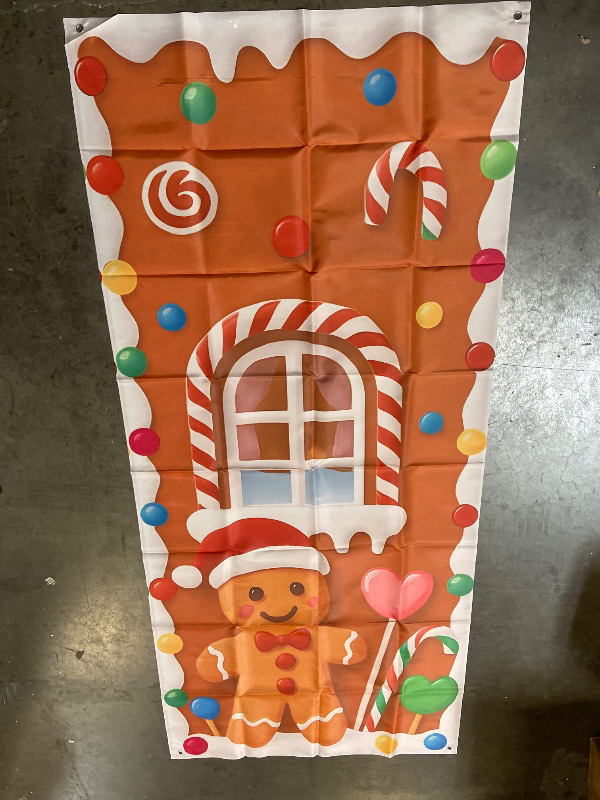 Photo 1 of Christmas Gingerbread Party Porch Banner for Classroom Christmas Party Door Decoration Xmas Gingerbread Man House Door Cover Hanging Supplies Winter Gingerbread Backdrop for Holiday Party Supplies