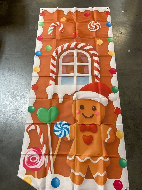 Photo 1 of Christmas Gingerbread Party Porch Banner for Classroom Christmas Party Door Decoration Xmas Gingerbread Man House Door Cover Hanging Supplies Winter Gingerbread Backdrop for Holiday Party Supplies