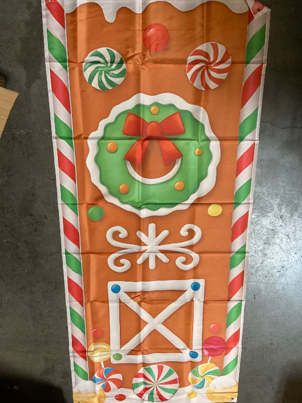 Photo 1 of Christmas Gingerbread Party Porch Banner for Classroom Christmas Party Door Decoration Xmas Gingerbread Man House Door Cover Hanging Supplies Winter Gingerbread Backdrop for Holiday Party Supplies