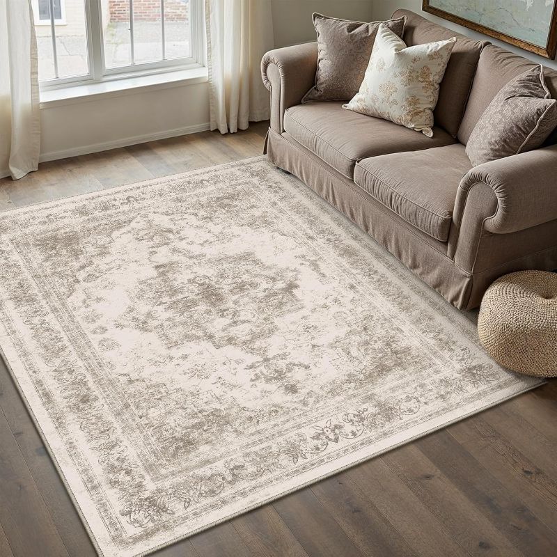 Photo 1 of Area Rug 4x6 Beige Washable Office Entryway Vintage Medallion Carpet Non Slip Retro Indoor Mat Low Pile Soft Distressed Small Rug for Bedroom Kitchen Laundry Dining Room
