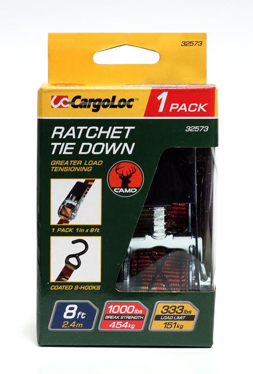 Photo 1 of Cargoloc 32573 8 Ft. 1000 Lbs Racheting Tie Down S-Hooks Camo
