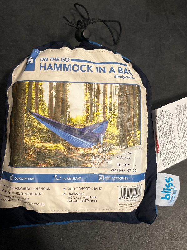 Photo 1 of Bliss Hammocks to Go Hammock in a Bag Travel Hammock Rip-Stop Polyester Dual-Color Fabric Portable Camping Hammock Supports up to 260-Pounds for Ca

