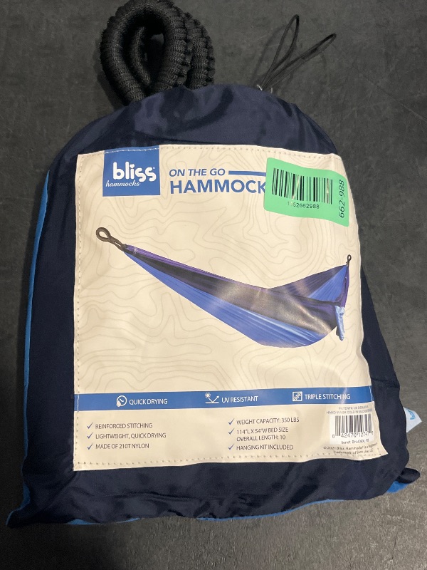 Photo 1 of Bliss Hammocks to Go Hammock in a Bag W/ Rip-Stop Stitching & Dual Color Fabric - Royal Bliss 80 L X 54 W
