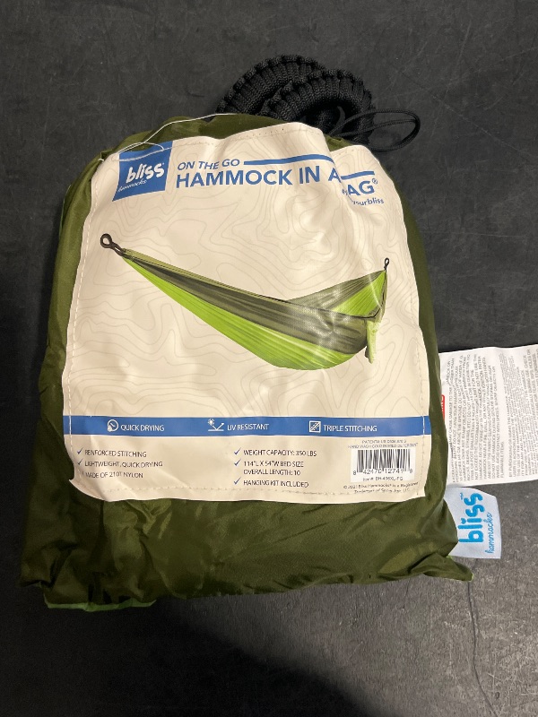 Photo 1 of Bliss Hammocks to Go Hammock in a Bag W/ Rip-Stop Stitching & Dual Color Fabric - Forest Green 80 L X 54 W
