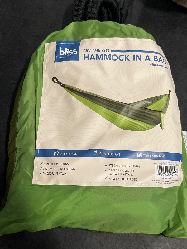 Photo 1 of Bliss Hammocks to Go Hammock in a Bag W/ Rip-Stop Stitching & Dual Color Fabric - Forest Green 80 L X 54 W
