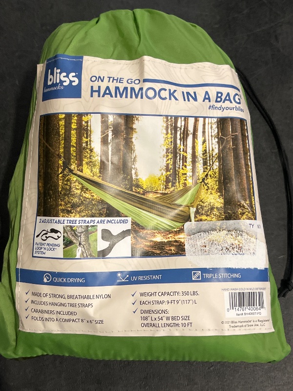 Photo 1 of Bliss Hammocks to Go Hammock in a Bag Travel Hammock Rip-Stop Polyester Dual-Color Fabric Portable Camping Hammock Supports up to 260-Pounds for Ca
