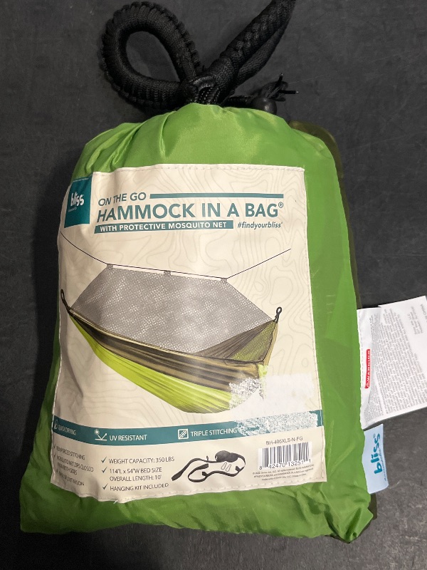 Photo 1 of Bliss Hammocks Camping Hammock in a Bag W/ Mosquito Net & Tree Straps 54-inch Wide 350 Lb. Capacity (Forest Green)