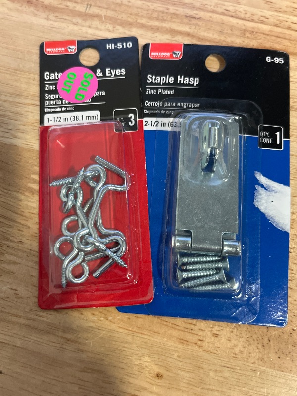 View 3 of Bulldog Hardware 1-1/2" Gate Hooks and Eyes, 3pk / Bulldog Hardware 2-1/2 in. Staple Safety Hasp Zinc Plated