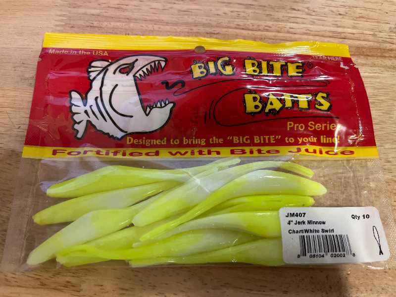 View 1 of 4" Jerk Minnow/CHATREUSE/White Swirl (10 Pack)

