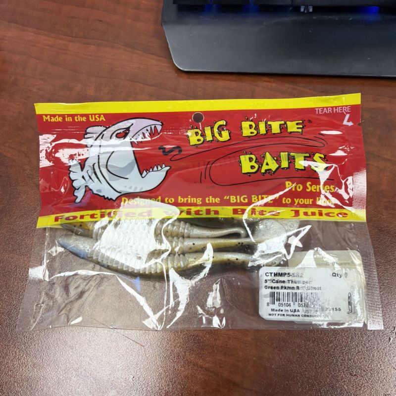 View 1 of Big Bite Baits Pro Series 5” Cane Thumper 7pk Green Pumpkin Red Ghost
