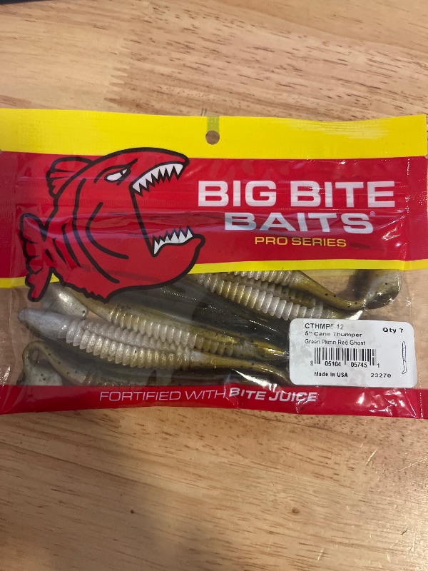 View 2 of Big Bite Baits Pro Series 5” Cane Thumper 7pk Green Pumpkin Red Ghost